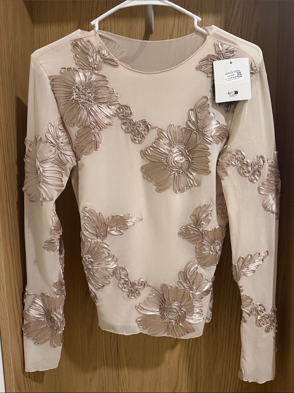 Italina Blush Cream Long-Sleeve Floral Applique Top